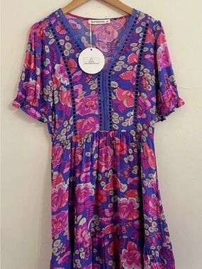 Rusttydustty Womens M Purple Pink Retro Floral Tiered Babydoll Boho Dress NWT